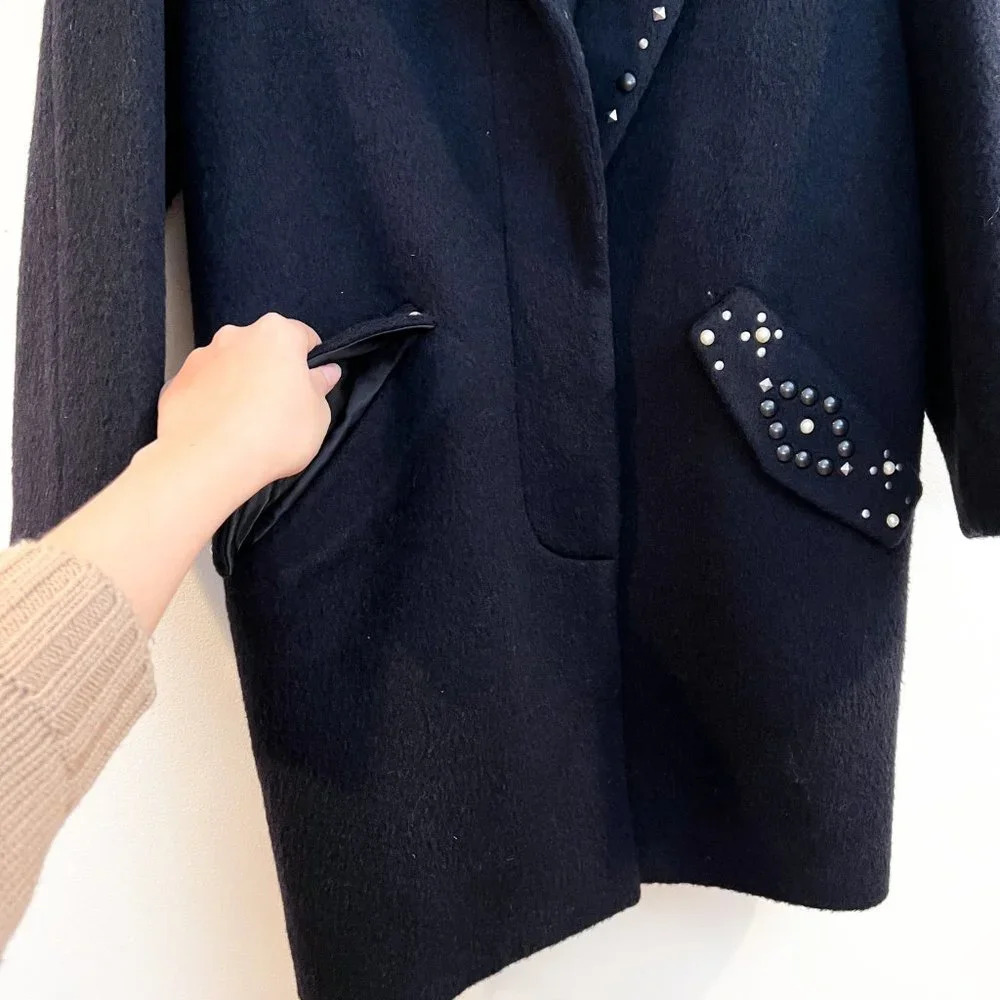 Coach Embellished Black Wool Blend Classic Long Collared Designer Trench Coat 4 - Picture 4 of 10